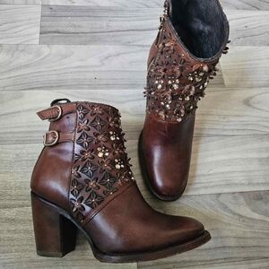 Brown Leather Ankle Booties with Austrian Crystals